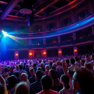 Audience enjoying a live concert with colorful stage lights
