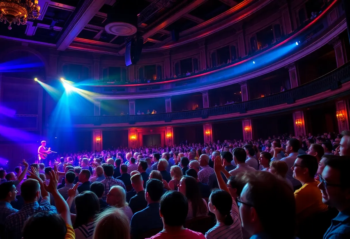 Audience enjoying a live concert with colorful stage lights