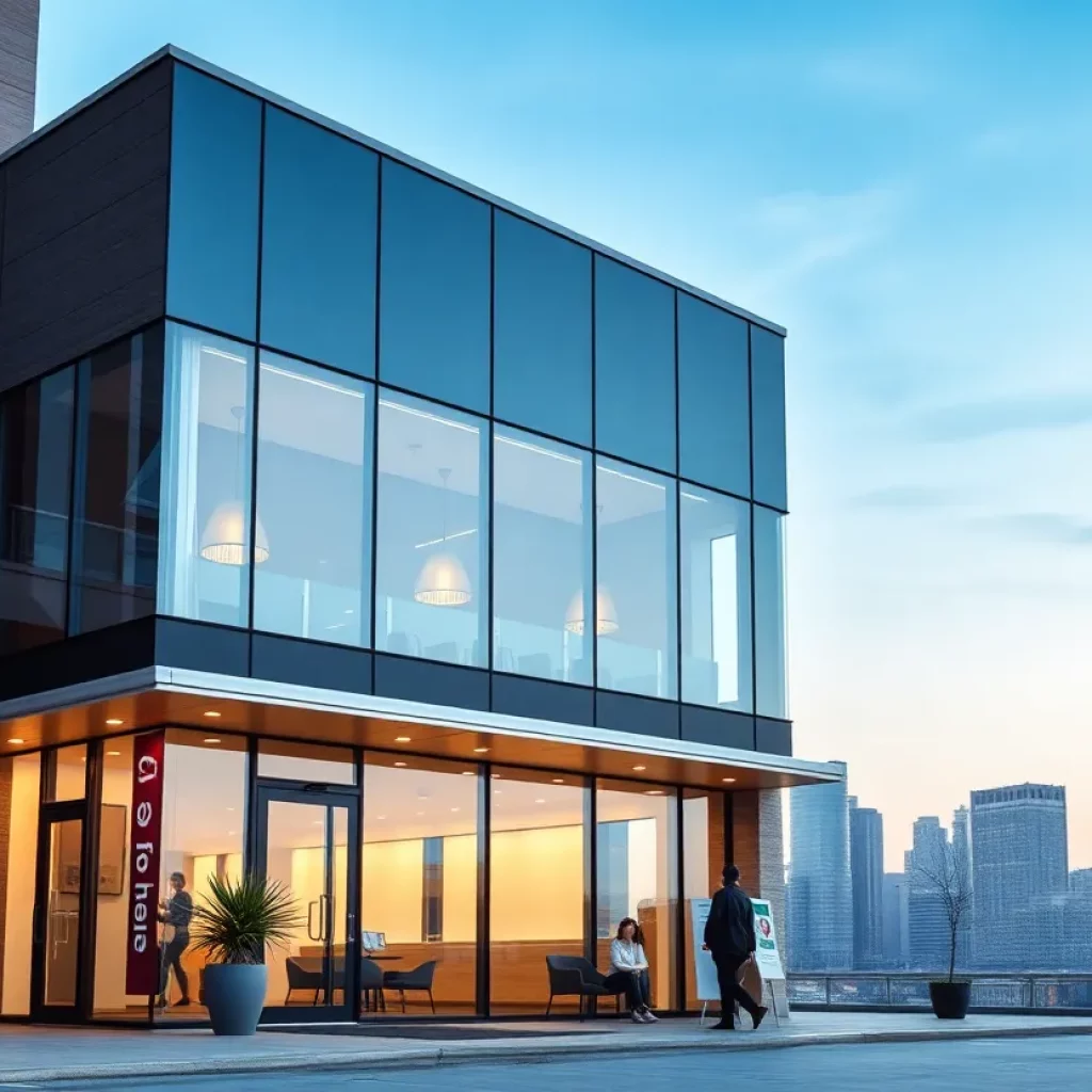 Modern office building symbolizing small business support