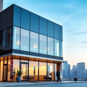 Modern office building symbolizing small business support