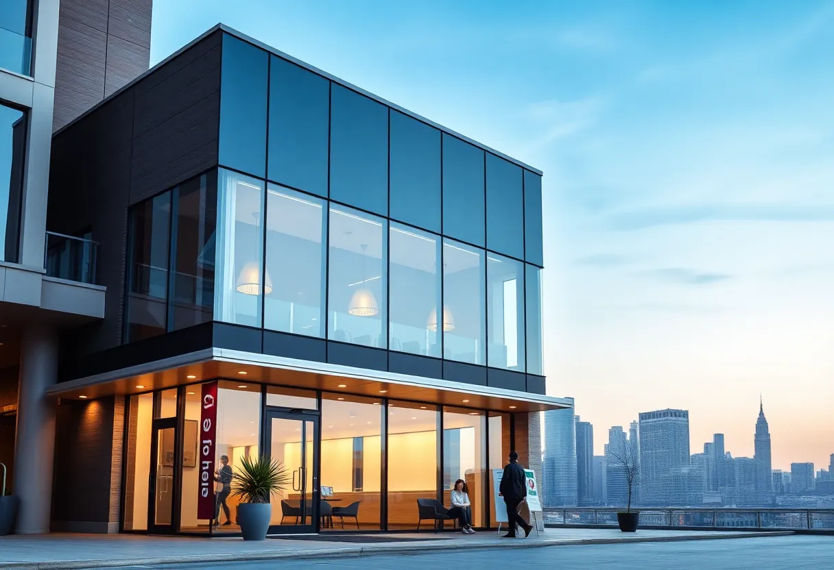 Modern office building symbolizing small business support