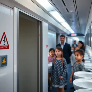 Airplane restroom with warning signs regarding safety