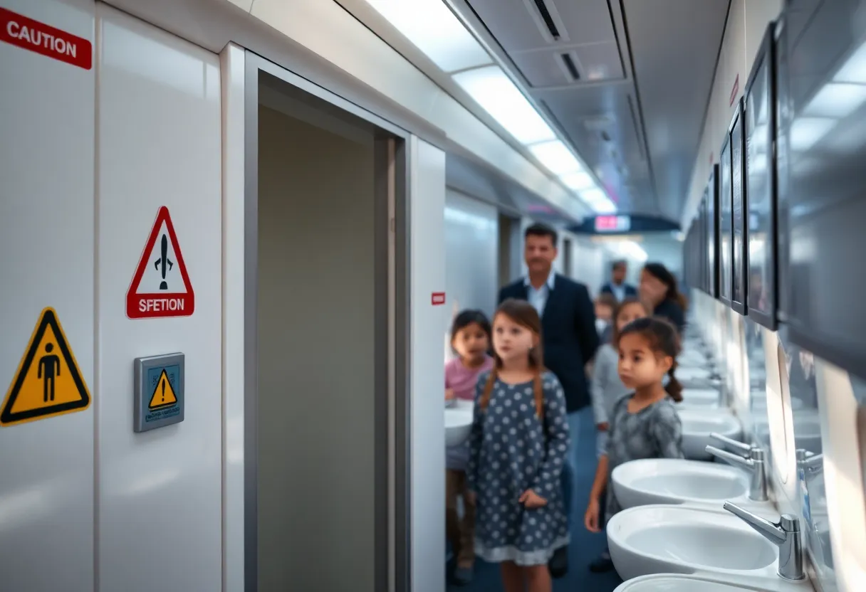 Airplane restroom with warning signs regarding safety