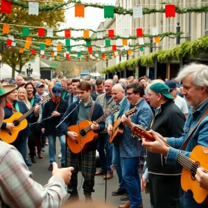Crowd enjoying Seisiún Irish Music Festival with musicians performing in the background