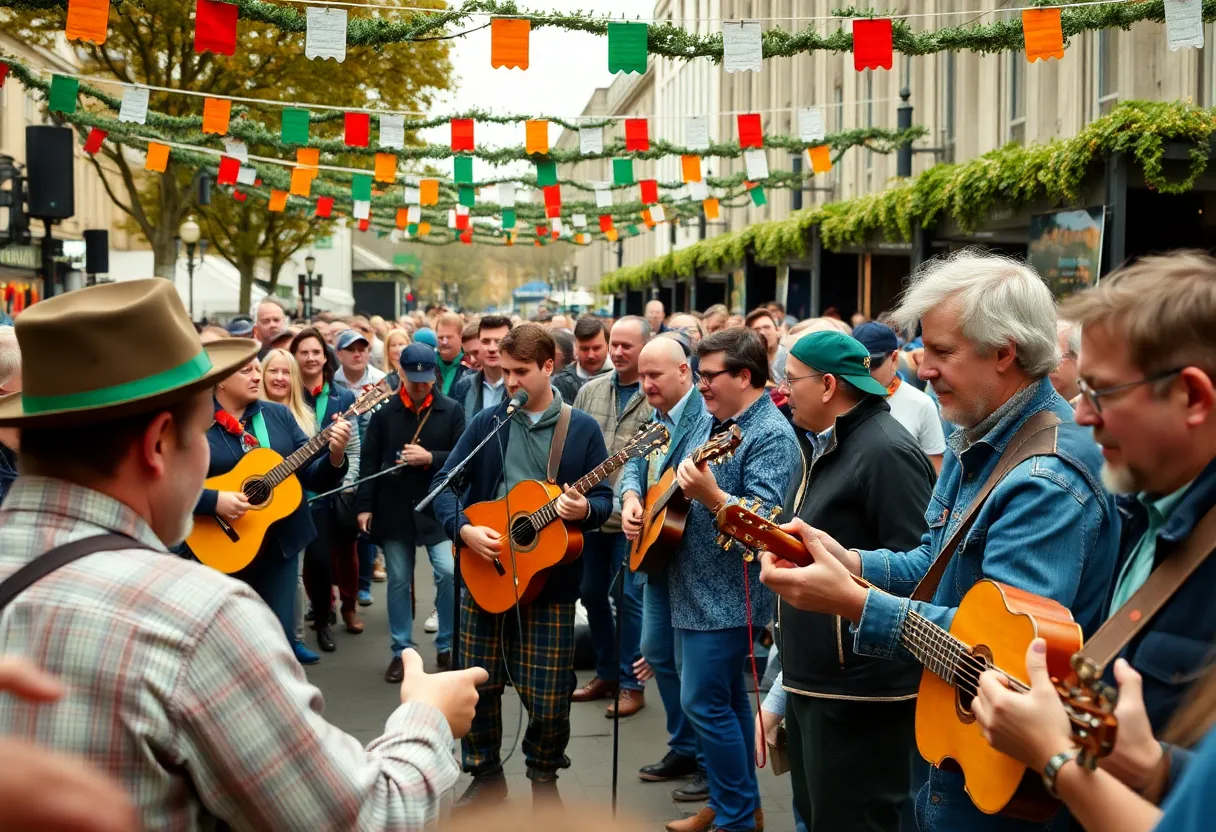 Crowd enjoying Seisiún Irish Music Festival with musicians performing in the background