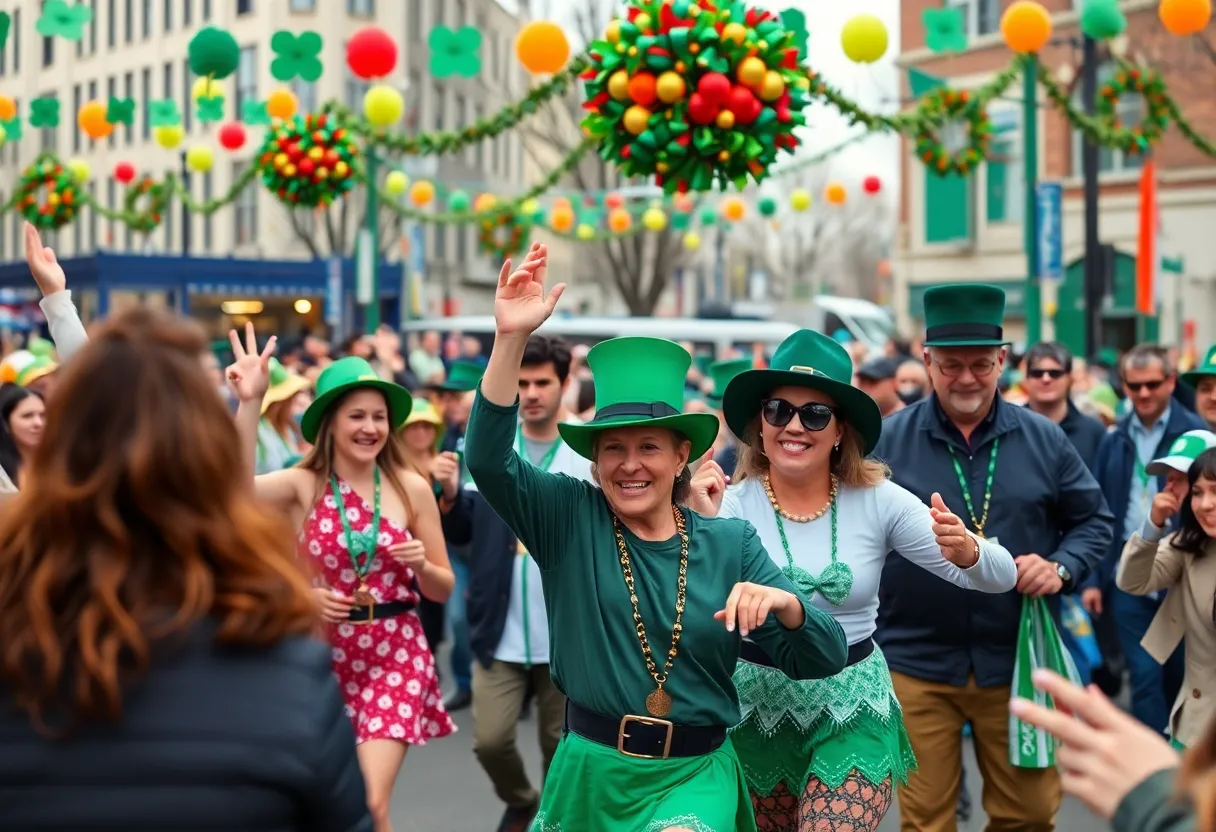 Crowd celebrating at the St. Patrick's Day Parade in South Boston