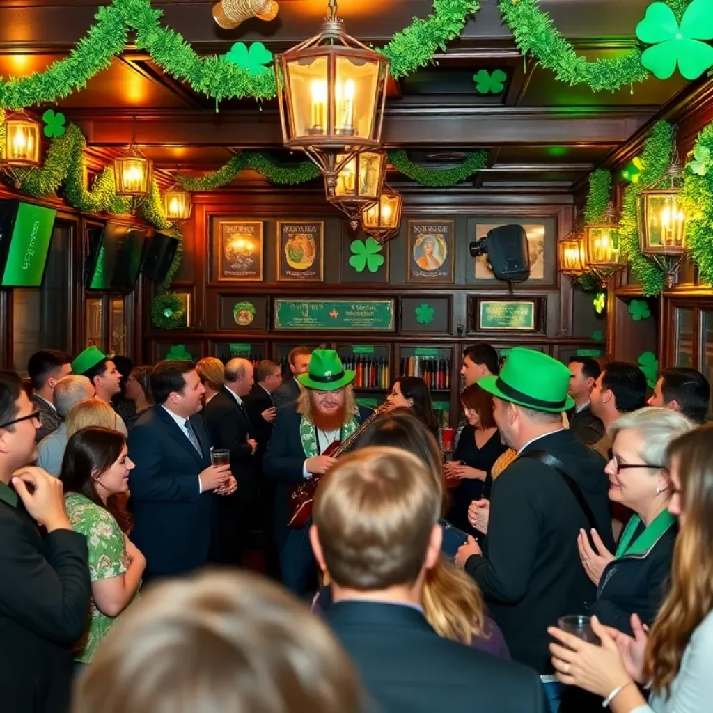 Crowd enjoying St. Patrick's Day festivities at a lively pub