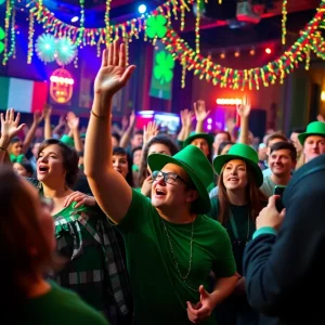 Crowd at St. Patrick's Day concert with festive decorations