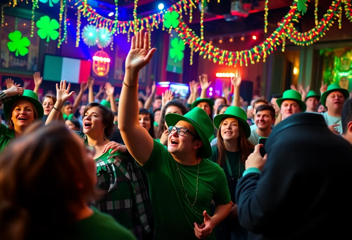 Crowd at St. Patrick's Day concert with festive decorations