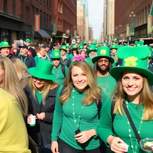 People celebrating St. Patrick's Day in Boston, wearing green and enjoying festive activities.