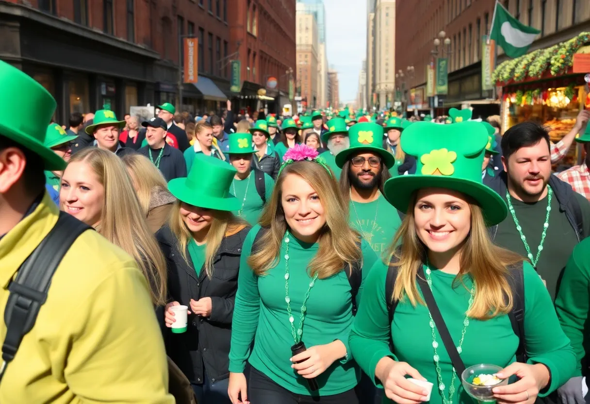 People celebrating St. Patrick's Day in Boston, wearing green and enjoying festive activities.