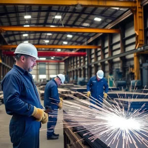 Workers at a steel fabrication facility in Rowley, Massachusetts