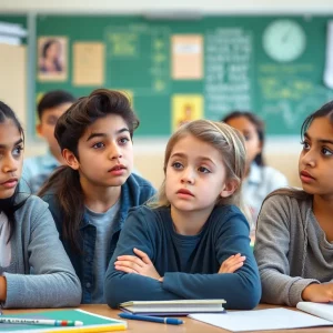 Diverse students looking concerned in a classroom setting
