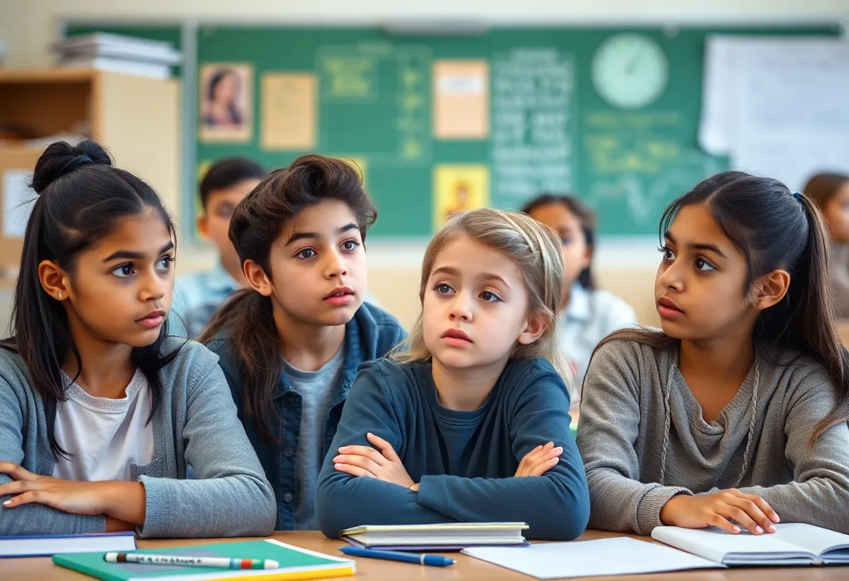 Diverse students looking concerned in a classroom setting