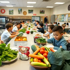 Students in a school cafeteria enjoying healthy meals made with local produce.