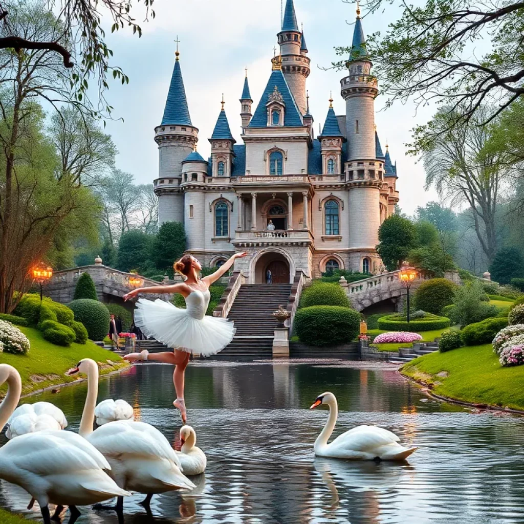 Dancers performing Swan Lake ballet in a whimsical castle park setting