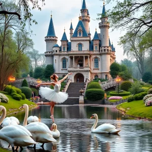 Dancers performing Swan Lake ballet in a whimsical castle park setting