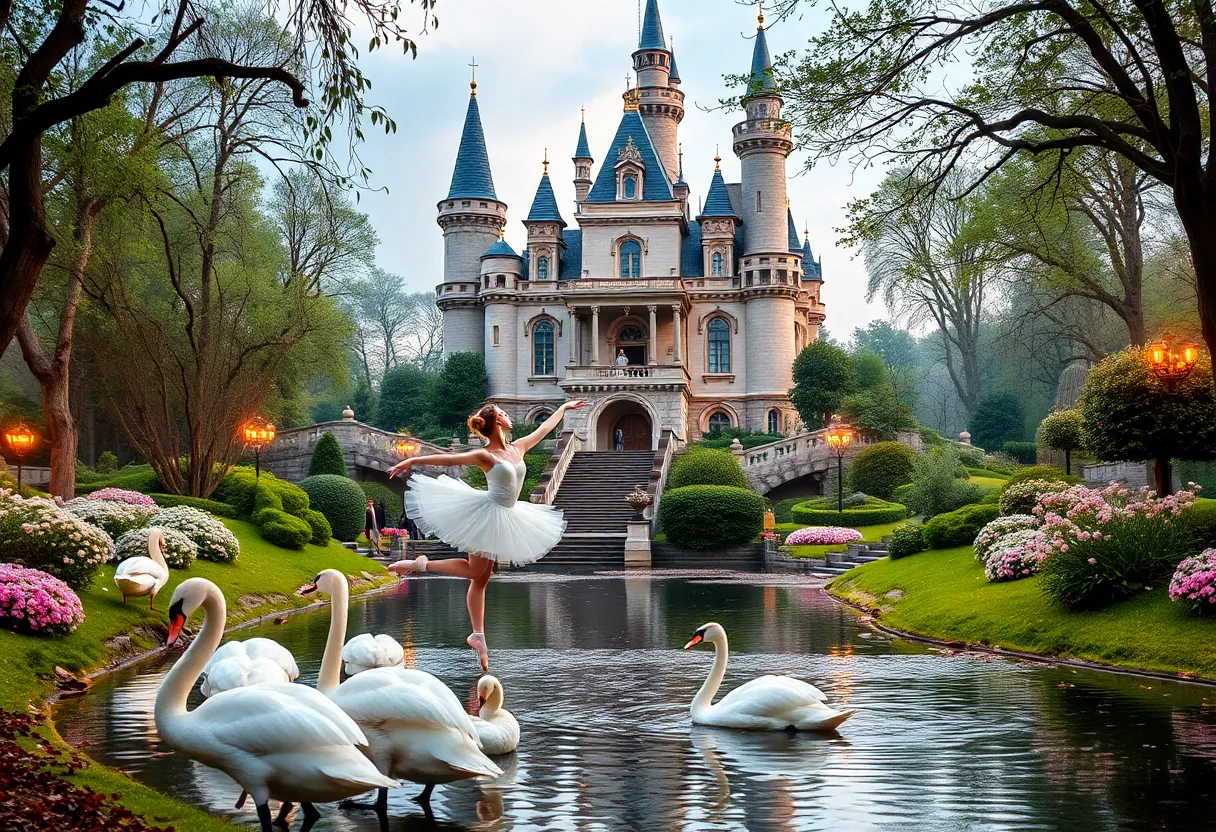 Dancers performing Swan Lake ballet in a whimsical castle park setting
