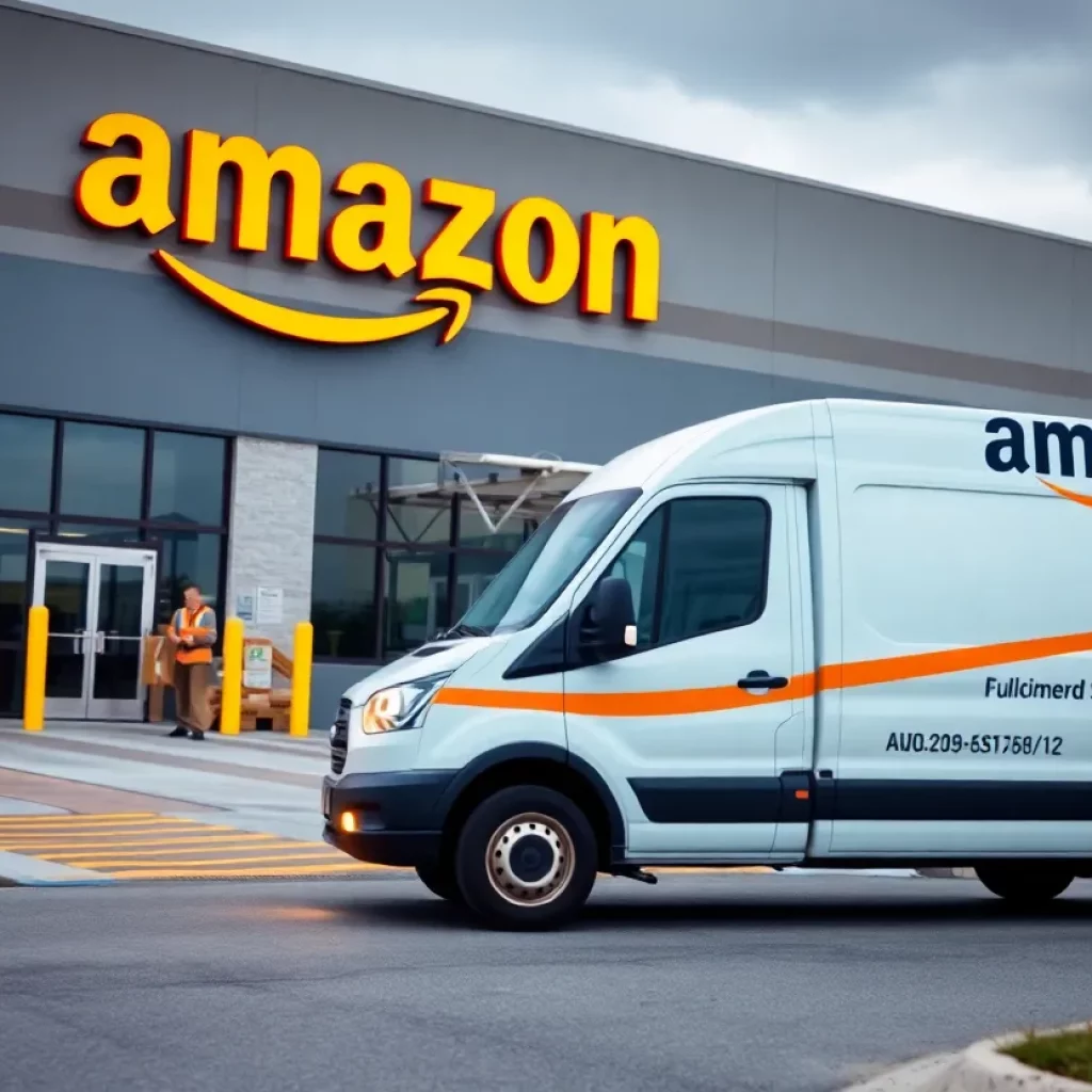 Delivery service van at Amazon fulfillment center during layoffs.