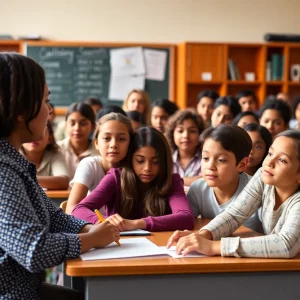 A diverse classroom with a teacher and students engaged in learning activities.