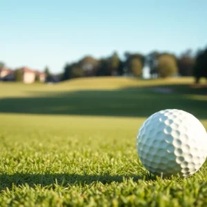 A couple enjoying a day at the golf course with children playing nearby.