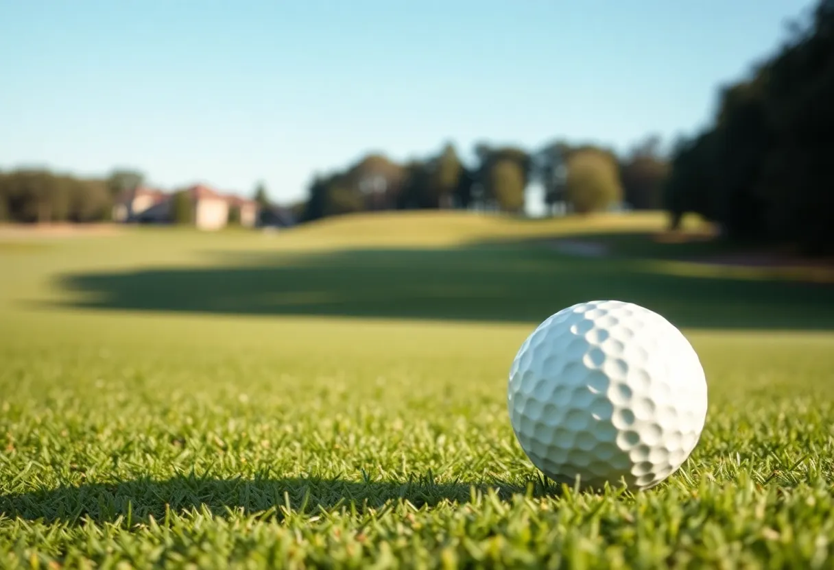 A couple enjoying a day at the golf course with children playing nearby.