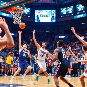 UMass basketball players during a game celebration