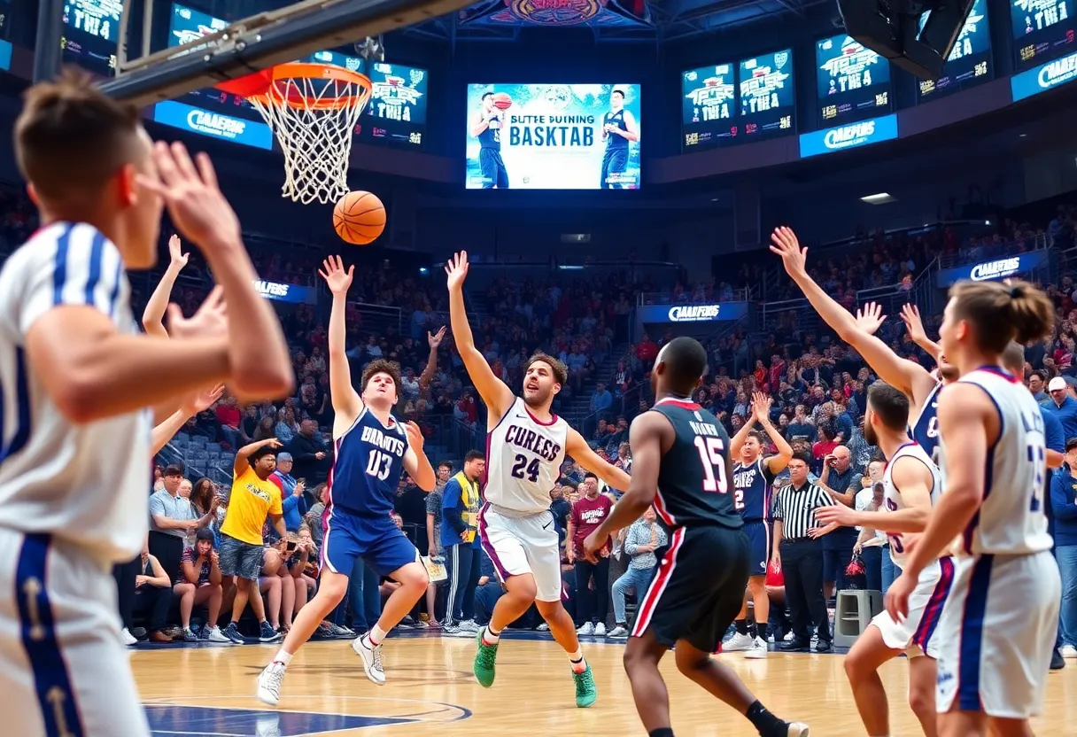 UMass basketball players during a game celebration