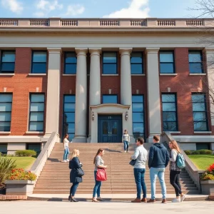 Students discussing in front of UMass campus building