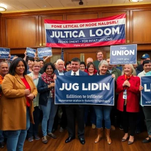 Union members supporting a political campaign