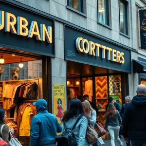Busy Urban Outfitters store front in Boston