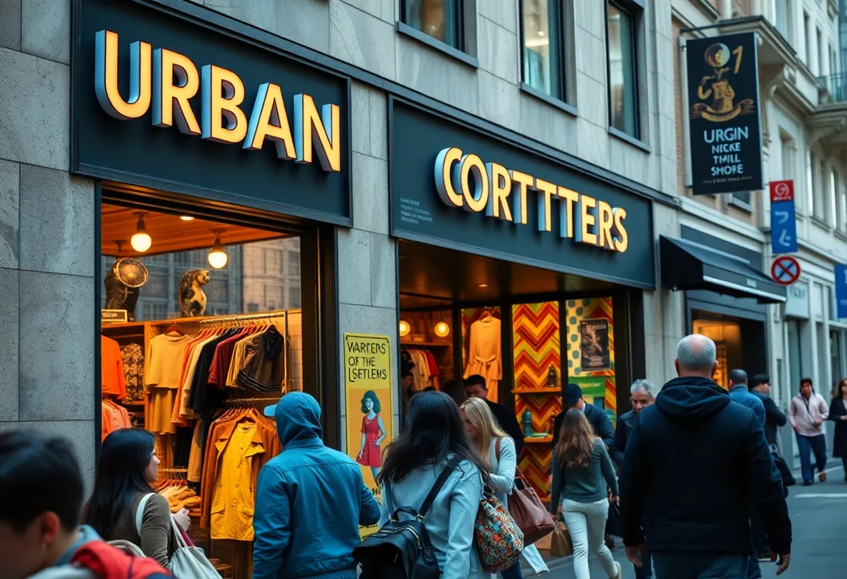Busy Urban Outfitters store front in Boston