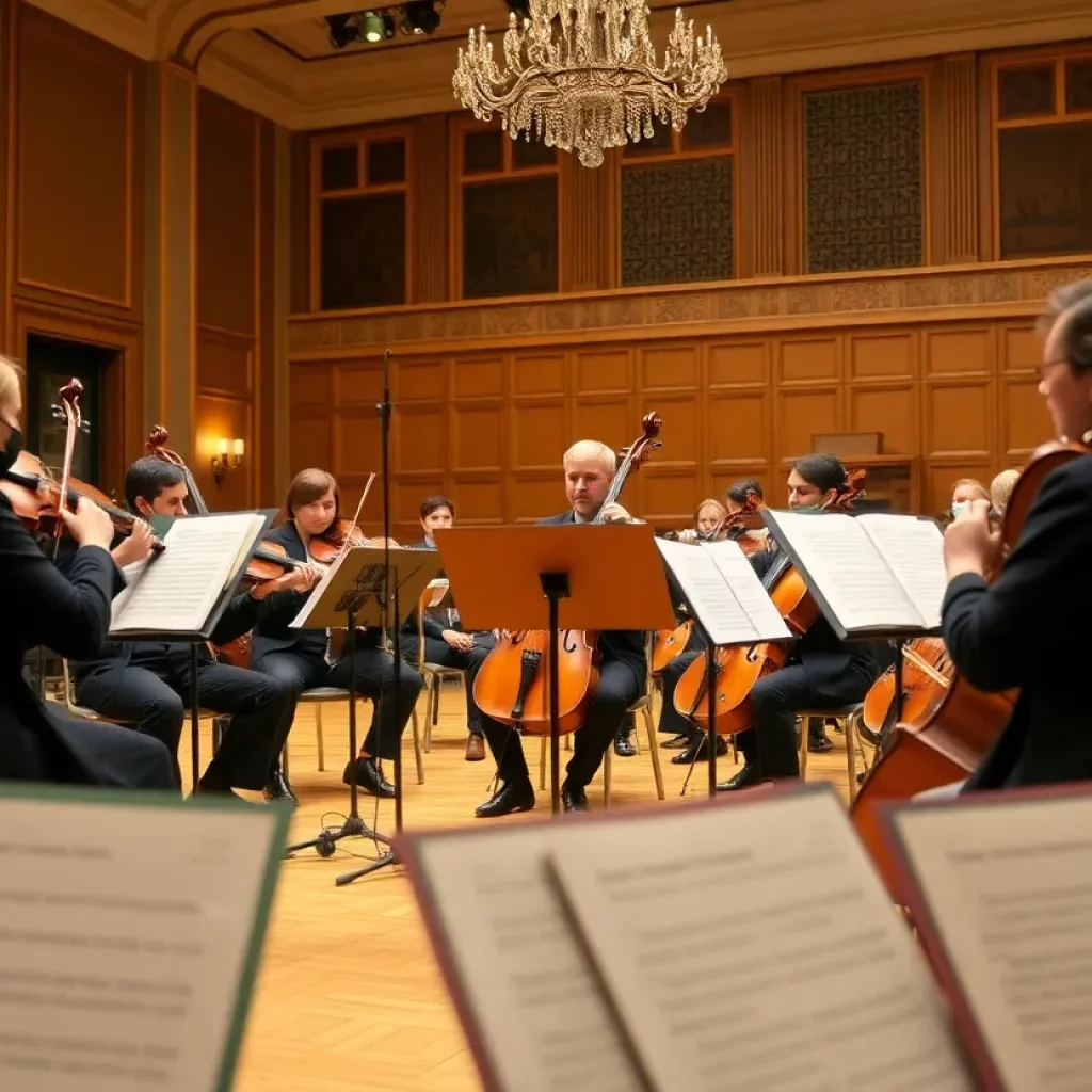 A training session of aspiring opera singers with an orchestra in a classical setting.