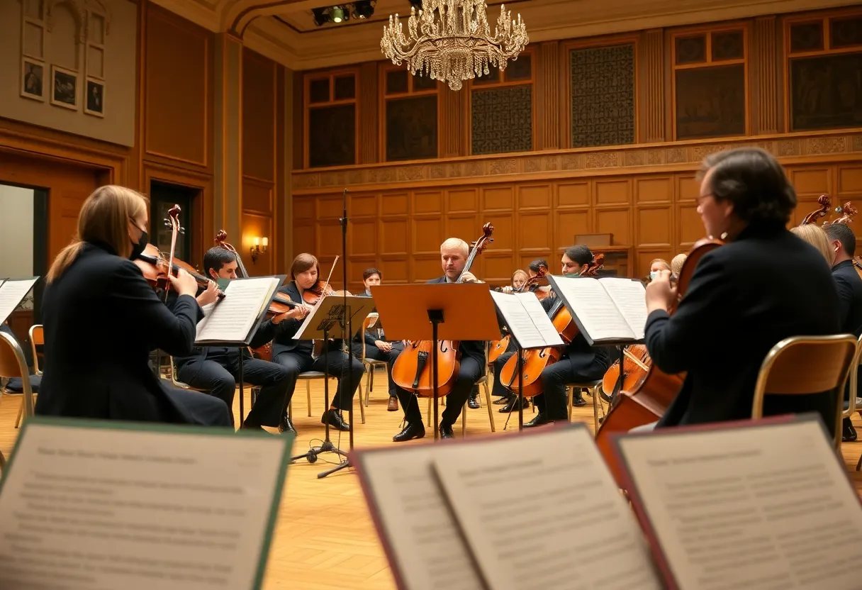 A training session of aspiring opera singers with an orchestra in a classical setting.