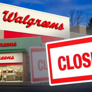 Closed Walgreens store with a sign indicating closure.