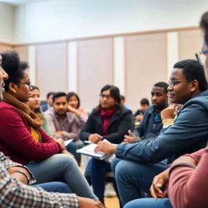 A diverse group of people gathered in a community meeting discussing safety issues.