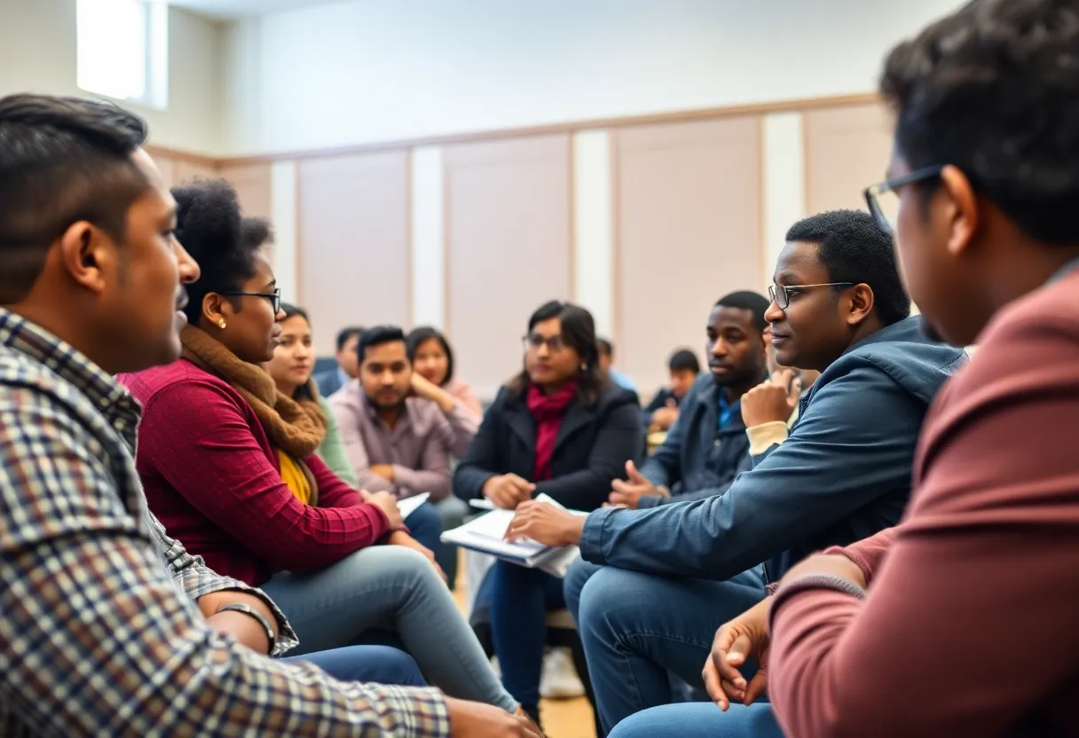 A diverse group of people gathered in a community meeting discussing safety issues.