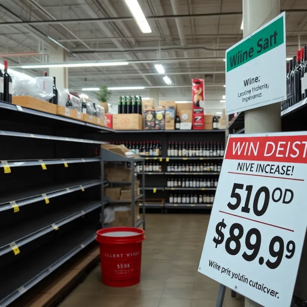 Empty wine shelves with a warning sign about tariffs