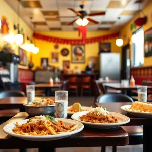 Interior of Acapulcos Mexican Family Restaurant with meals on the table