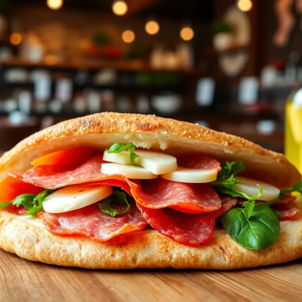 A delicious Italian sandwich from All’antico Vinaio served on Tuscan flatbread