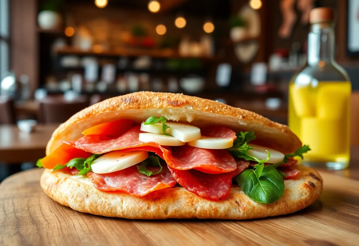 A delicious Italian sandwich from All’antico Vinaio served on Tuscan flatbread