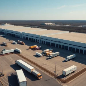 Aerial view of Amazon warehouses with trucks and employees in Massachusetts