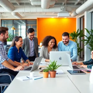 Employees celebrating in a modern office space at Arch Painting.