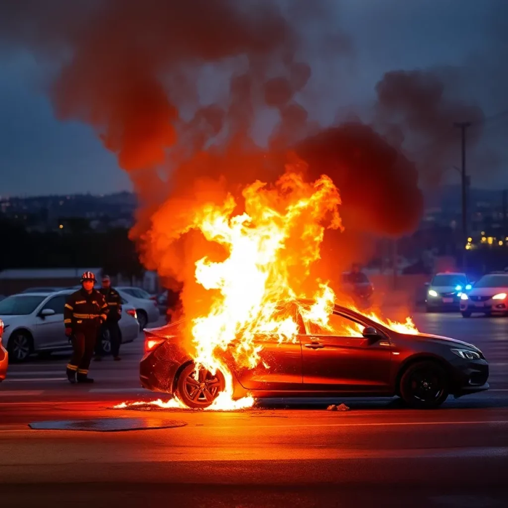 Fire incident at a Tesla dealership with emergency responders