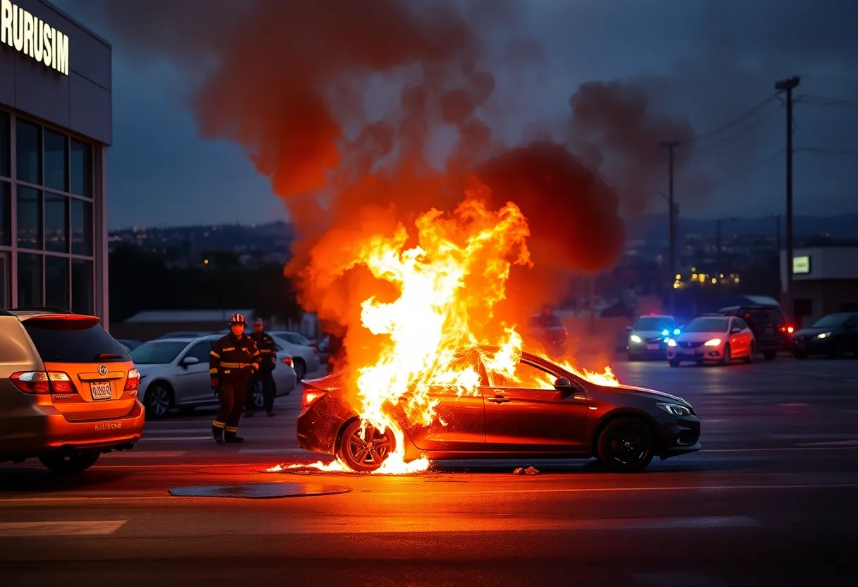 Fire incident at a Tesla dealership with emergency responders