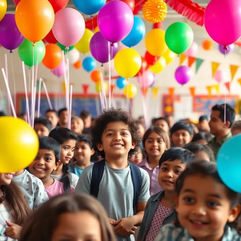 A celebration event at Boston Latin School for Ayo Edebiri, filled with students, balloons, and colorful decorations.