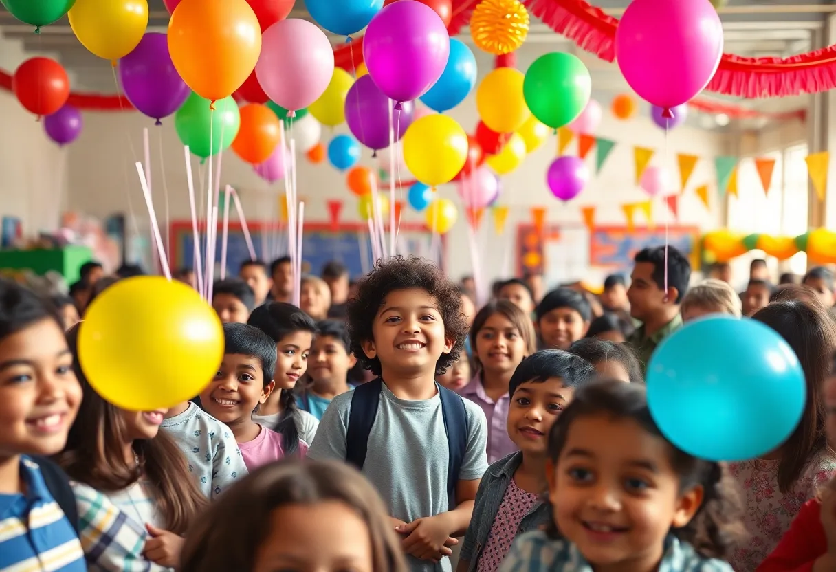 A celebration event at Boston Latin School for Ayo Edebiri, filled with students, balloons, and colorful decorations.