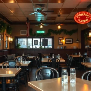Closed Bertucci's restaurant with empty tables and chairs