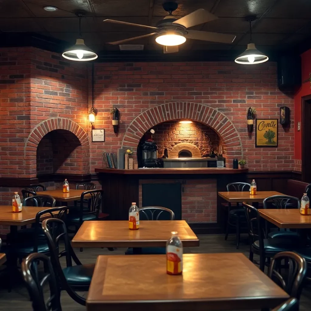 Interior view of a Bertucci's restaurant showcasing brick oven and dining area.