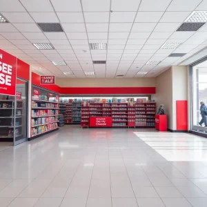 Interior of Big Lots with clearance signs.